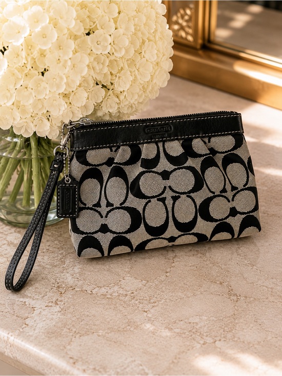 Coach Handbags - Coach Signature Jacquard Corner Zip Wristlet Authentic Y2K Zip Pouch Black Khaki